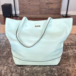 MILLY Sea Blue Pebbled Leather Tote Bag Size 17x12x5"